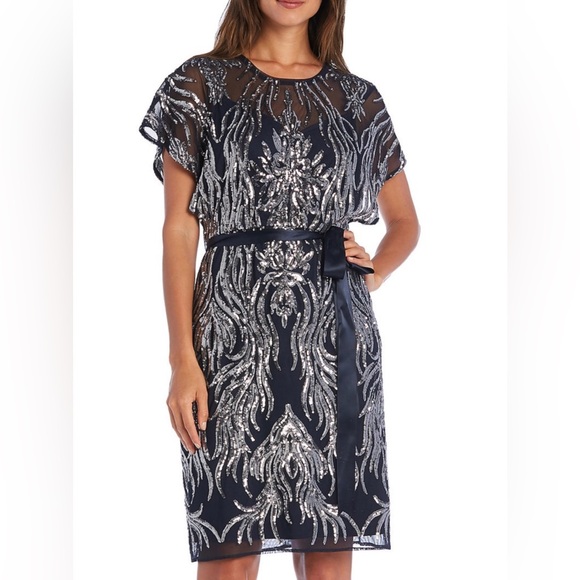 Women’s Formal Dress Size 10 R&M Richards Navy Mesh Allover Sequins Ribbon Belt - Picture 1 of 13
